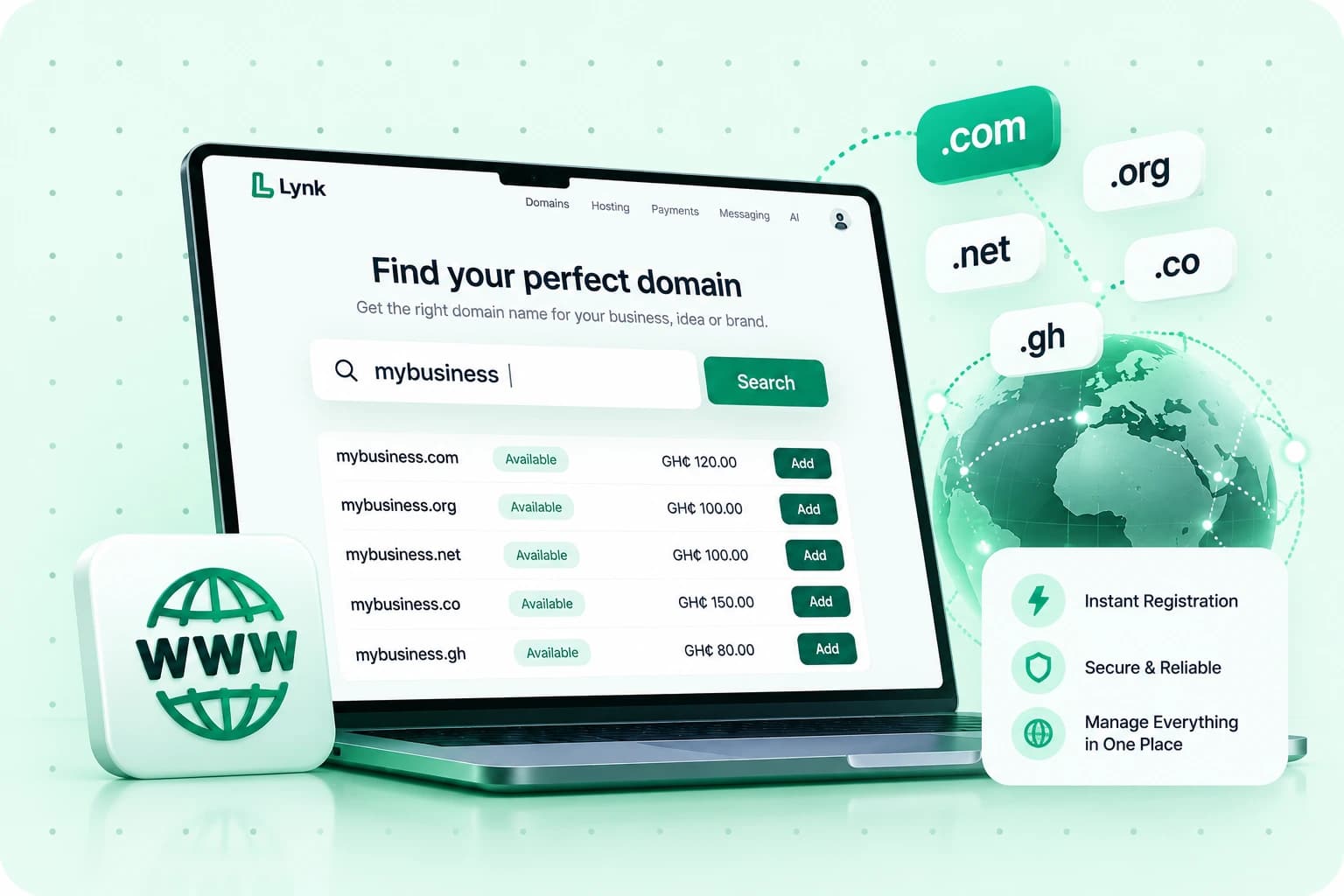 Lynk domain search illustration with popular domain extensions